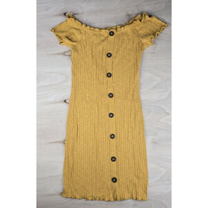 No Boundaries Mustard Yellow Off the Shoulder Ribbed Button Dress Size Small